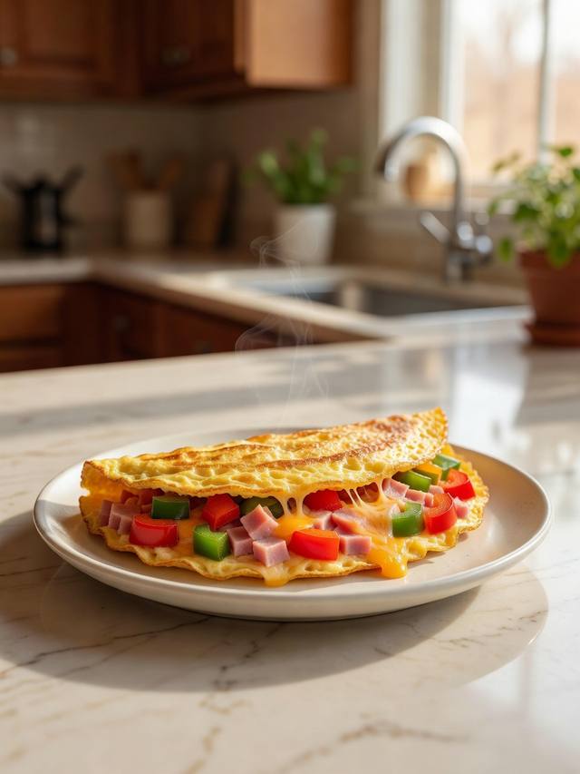 Folded Denver omelet on a plate showing ham, peppers, and cheddar