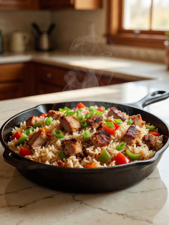 Skillet of dirty rice with browned ground pork, peppers, and scallions