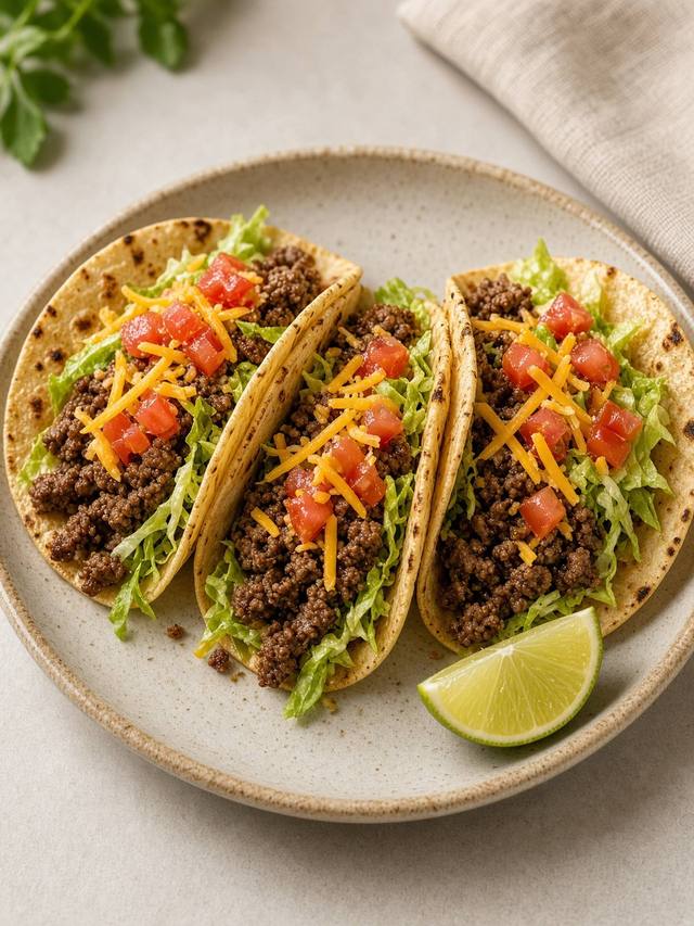 Three beef tacos with lettuce, cheddar, tomato, and lime on a plate.