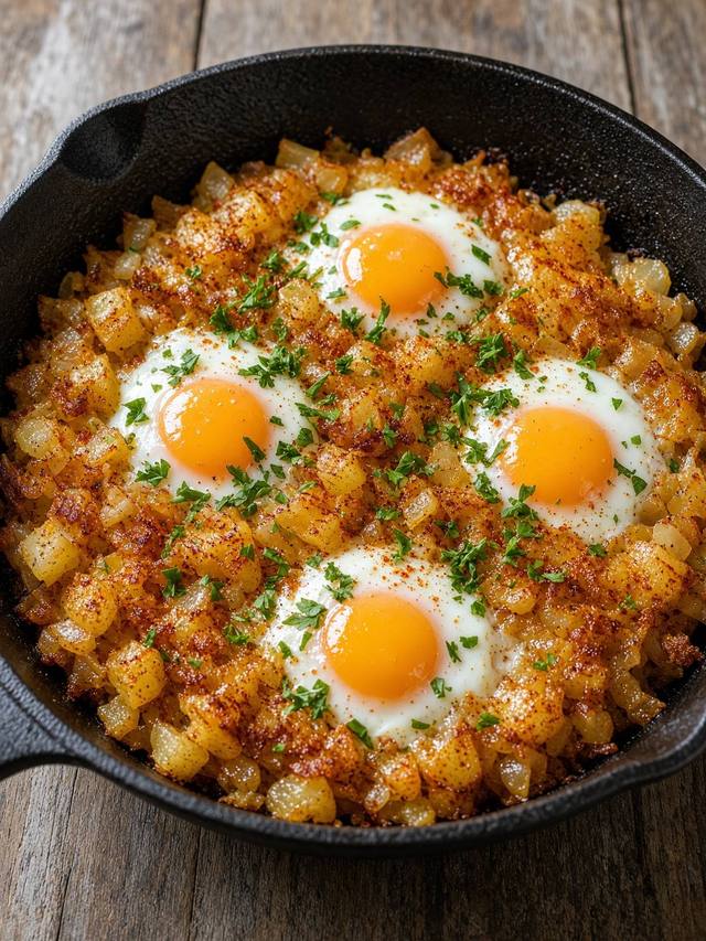 Crispy potato and egg hash in a cast-iron skillet.
