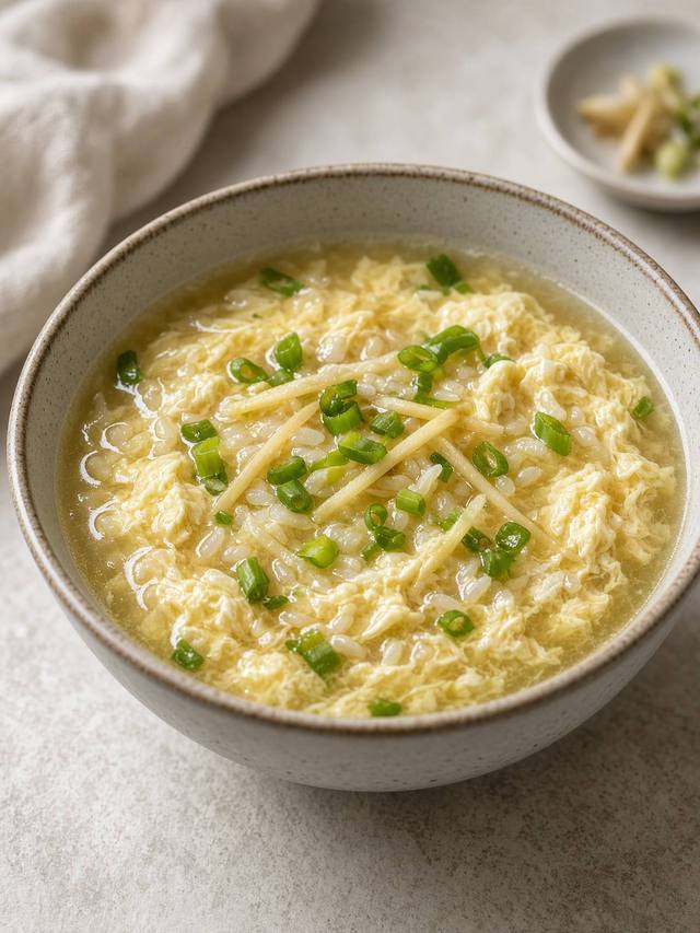 Bowl of egg drop soup with rice and scallions.