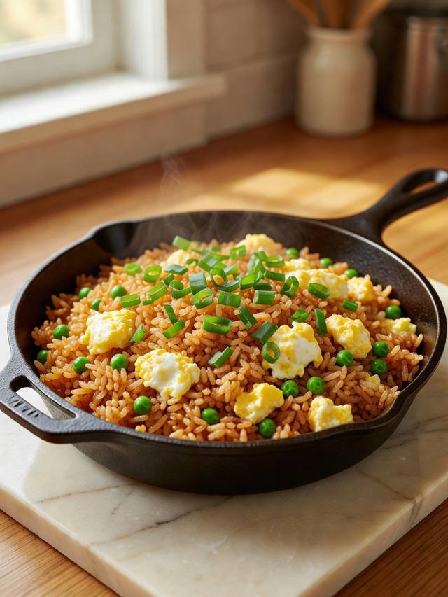 Skillet of egg fried rice with peas, scrambled egg, and green onion