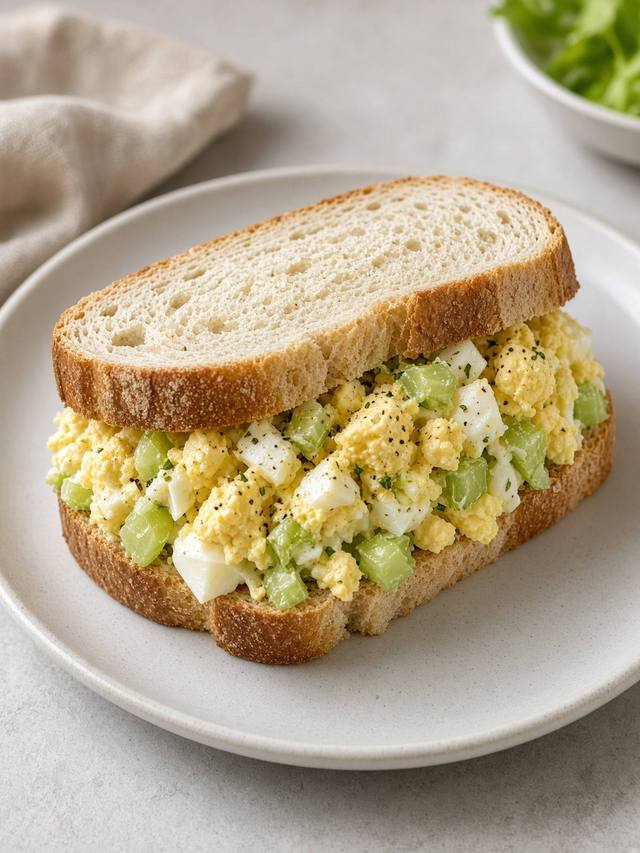 An egg salad sandwich on bread with celery visible in the filling.