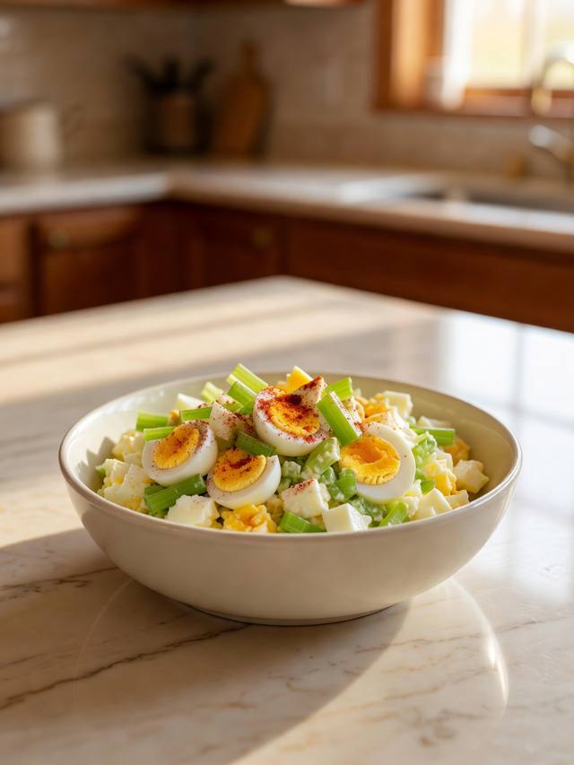 Bowl of chopped egg salad with celery and a sprinkle of paprika