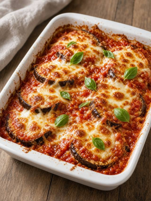 Baked eggplant parmesan with melted mozzarella and marinara