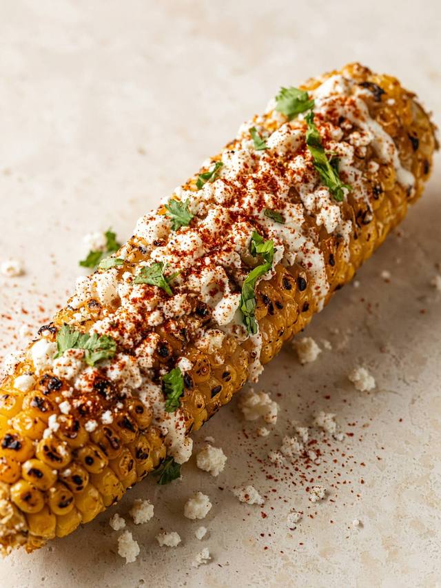Corn with crema, cotija, chili powder, and lime.