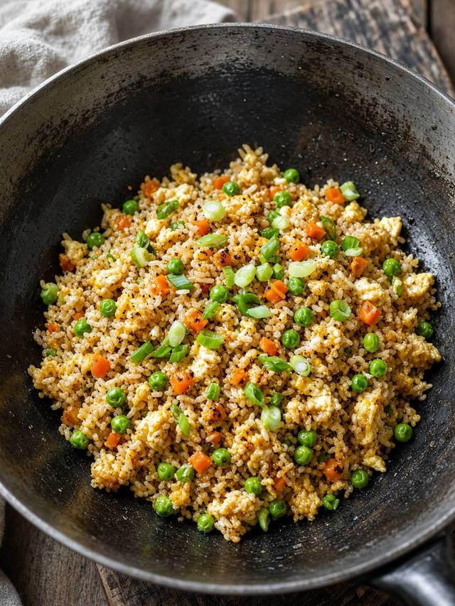 Egg fried rice with peas, carrots, and scallions in a wok.