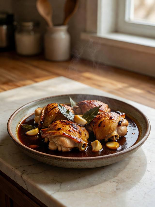 Braised chicken thighs in a dark soy-vinegar sauce with garlic and bay leaves