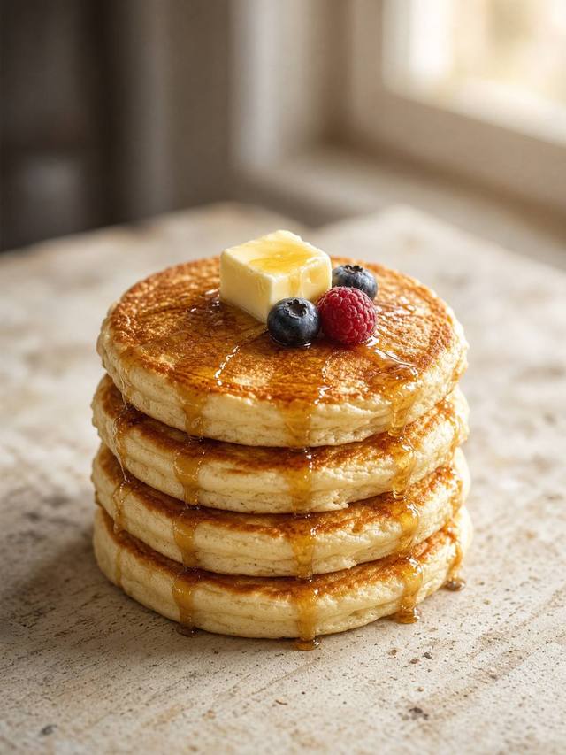 Stack of golden buttermilk pancakes on a plate with a pat of butter.
