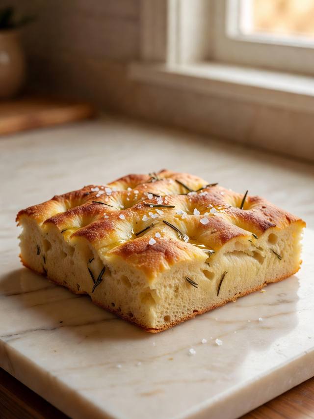 Square of golden focaccia with rosemary, olive oil, and flaky salt