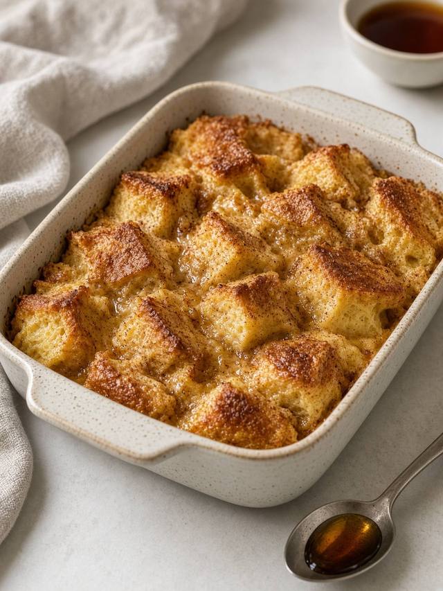 A baking dish of French toast casserole with a browned top.