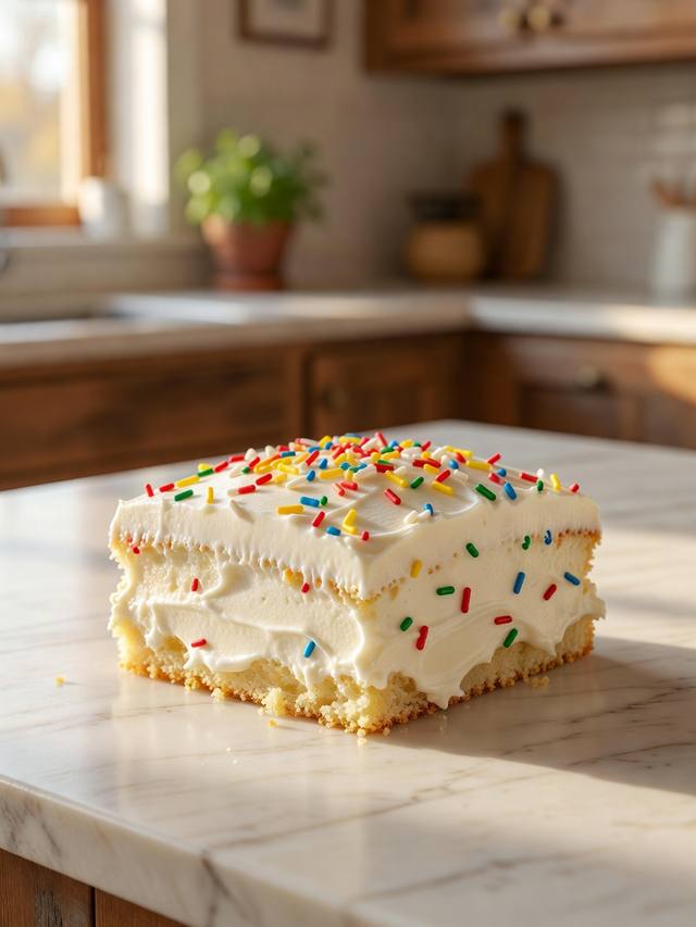 Square of vanilla cake studded with colorful sprinkles and covered in white frosting