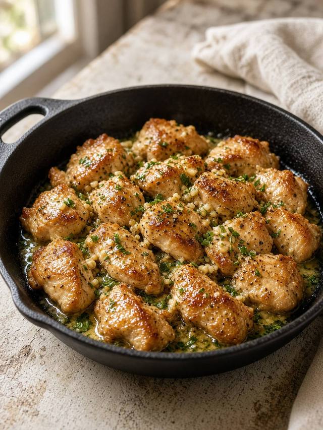 Bite-size golden chicken pieces in garlic butter with herbs, in a skillet.