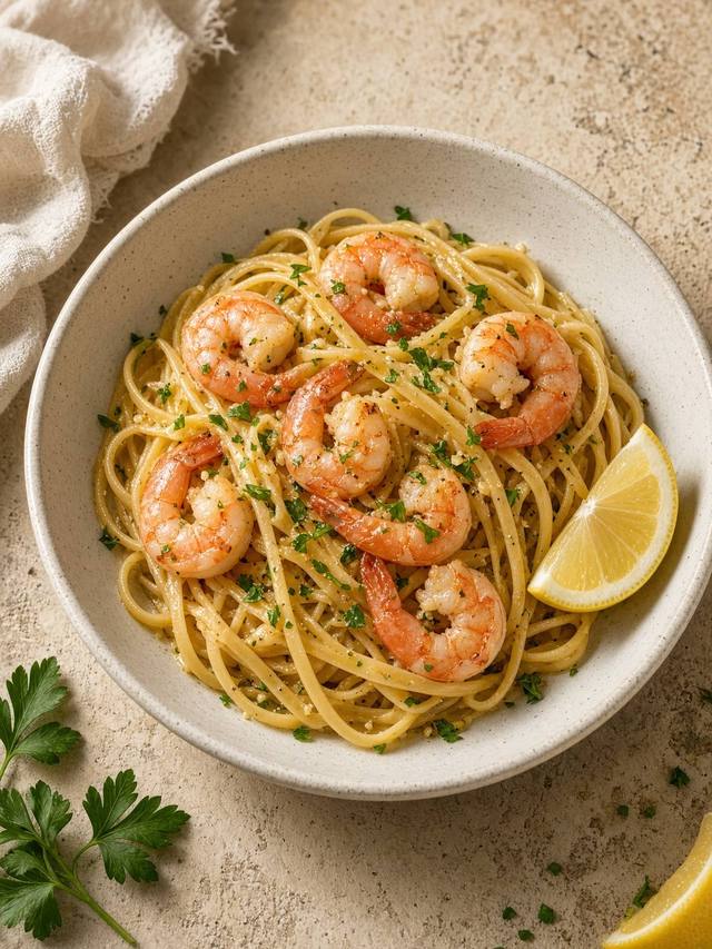 A bowl of linguine tangled with pink shrimp, glossy garlic butter sauce, lemon zest, and chopped parsley, with a lemon half on the table.