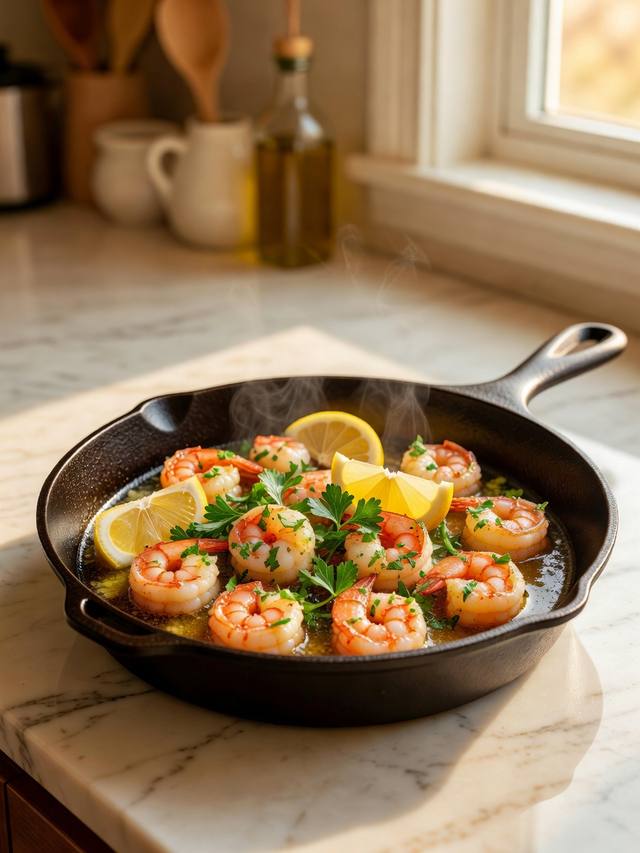 Skillet of garlic butter shrimp with lemon wedges and parsley
