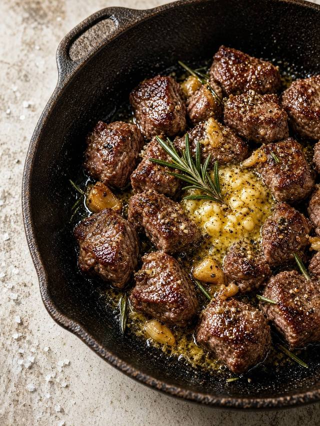 Cubed seared steak with garlic butter and rosemary in a hot skillet.