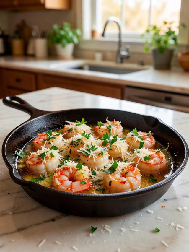 Skillet of garlic butter shrimp sprinkled with Parmesan and parsley