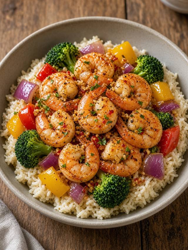 Bowl of garlic shrimp, spinach, and rice