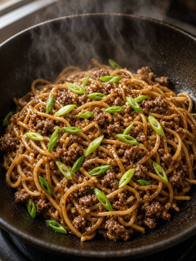 Spaghetti tossed with garlic soy ground beef and scallions in a skillet.