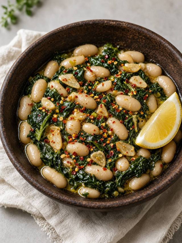 Skillet of white beans and greens with garlic, chili, and lemon.
