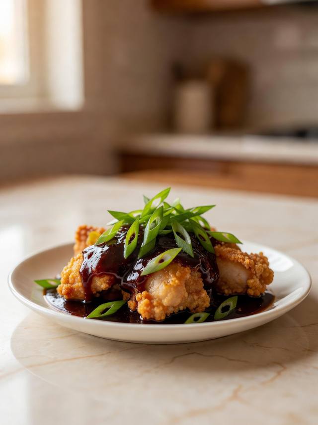 Crispy chicken pieces in a dark glossy sauce with sliced scallions on a white plate