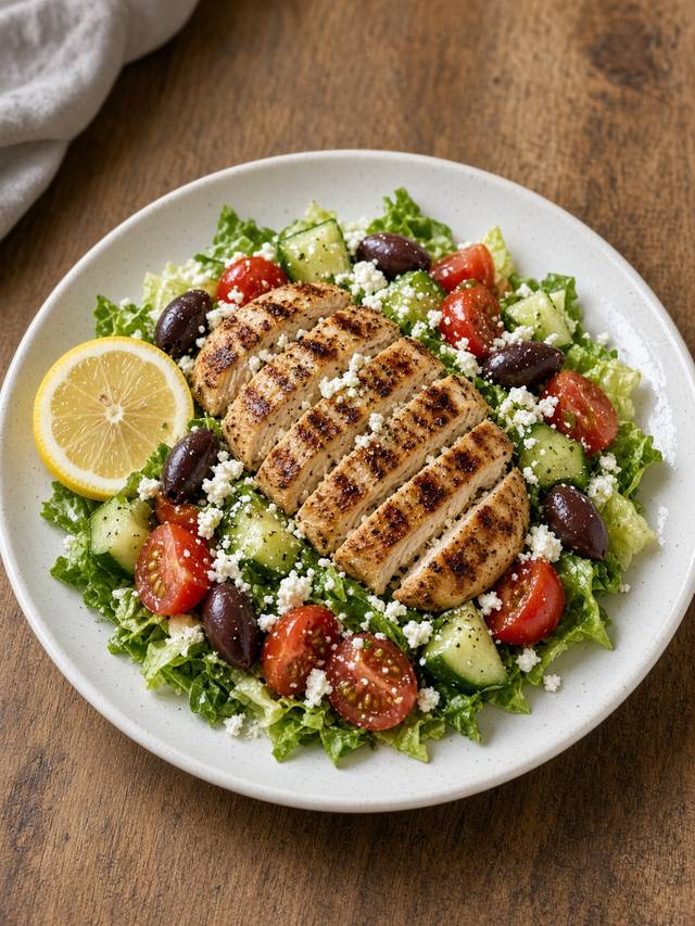 Bowl of Greek lemon chicken salad with feta, olives, and cucumber