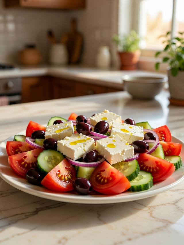 Platter of Greek salad with tomatoes, cucumbers, olives, onion, and slabs of feta