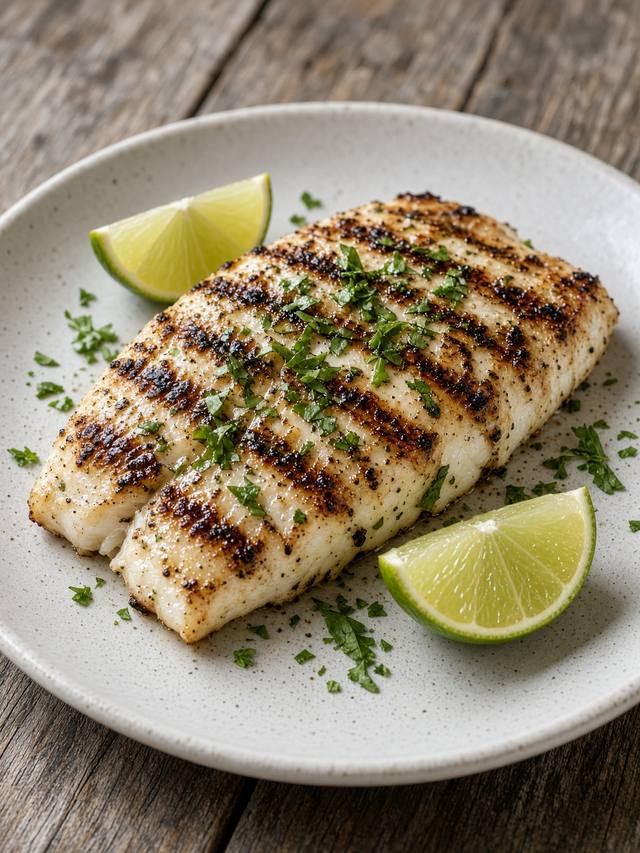 Grilled mahi-mahi steaks with lime wedges on a platter