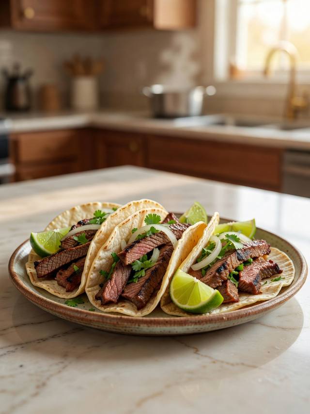 Sliced grilled skirt steak in corn tortillas with onion, cilantro, and lime