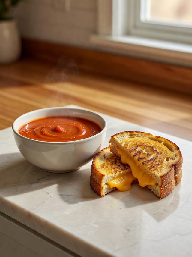 Bowl of tomato soup beside a golden grilled cheese sandwich cut in half