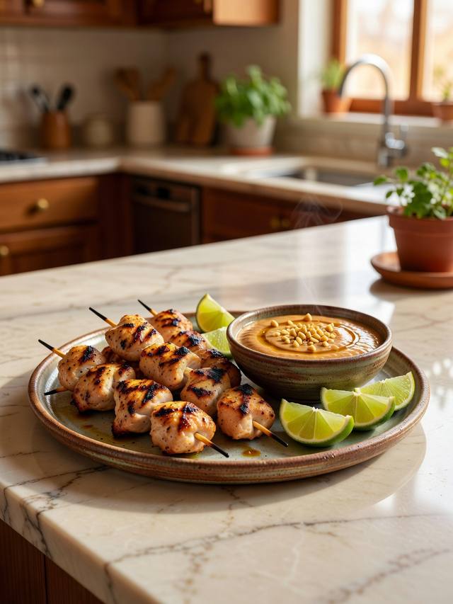 Grilled chicken skewers with a bowl of peanut sauce and lime wedges