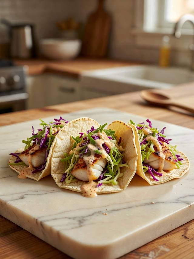 Corn tortillas filled with grilled white fish, cabbage, and chipotle crema