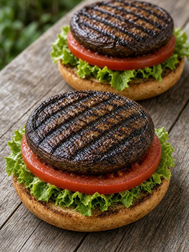 Grilled portobello mushroom burger on a bun with lettuce and tomato