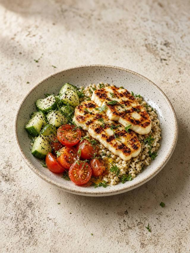 A grain bowl with grilled halloumi, cucumber, tomatoes, and herbs.
