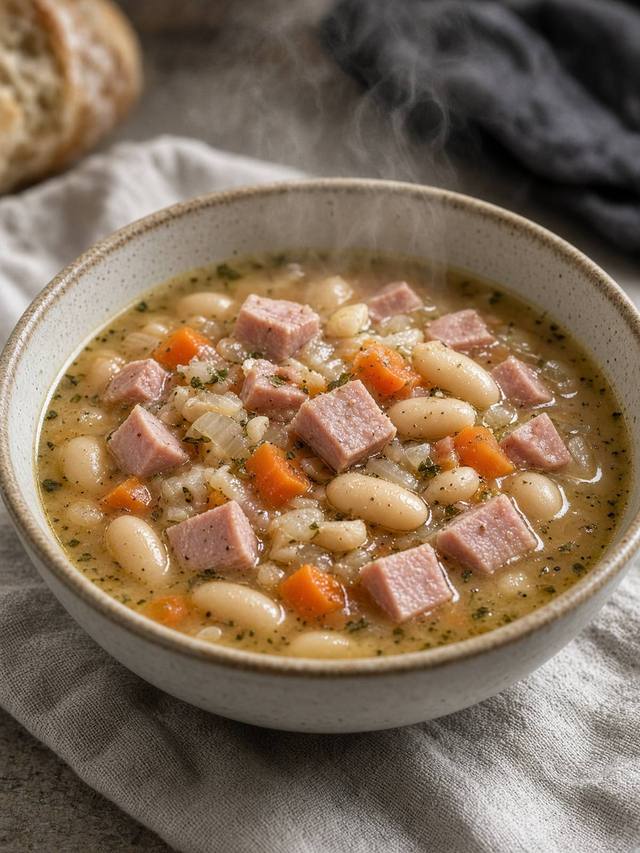 Bowl of ham and bean soup with carrot.