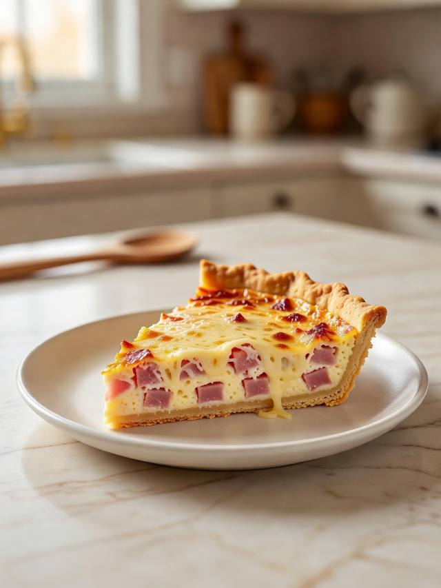 Slice of ham and Swiss quiche with a golden crust on a plate