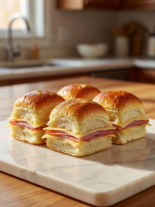Ham and Swiss sliders on soft rolls with a golden buttered top