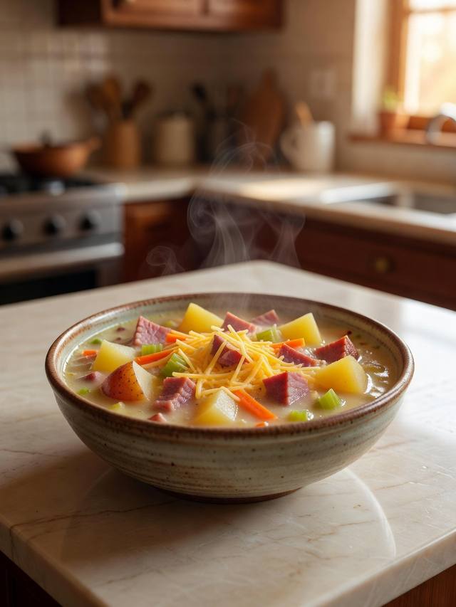 Bowl of ham and potato soup with cheddar, carrots, and celery