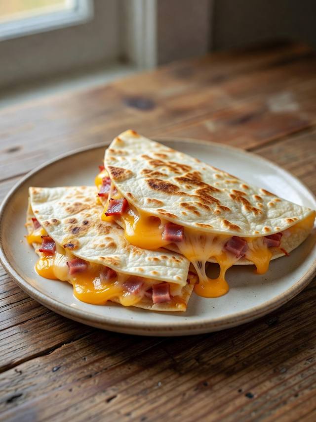 Crispy ham cheddar breakfast quesadilla wedges
