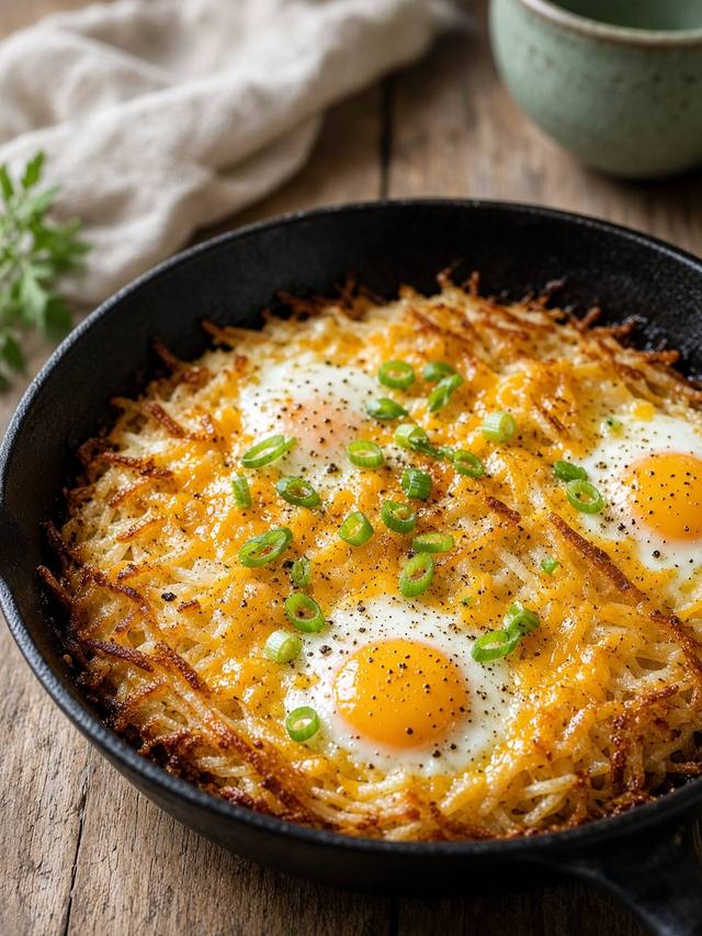 A skillet of crisp shredded potatoes topped with set eggs and melted cheddar.