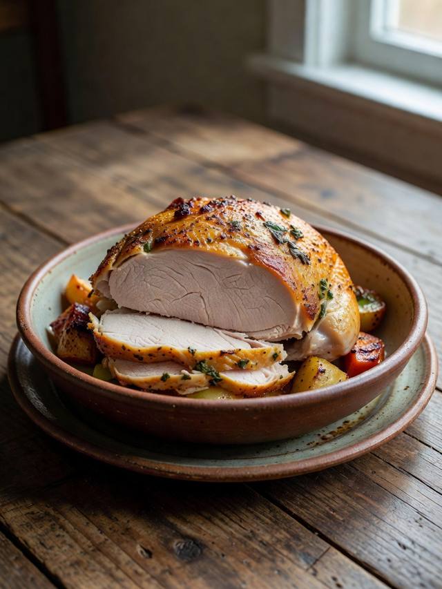 Sliced herb roasted turkey breast on a platter with pan juices