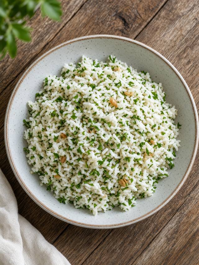 Fluffy rice pilaf with parsley and lemon in a skillet