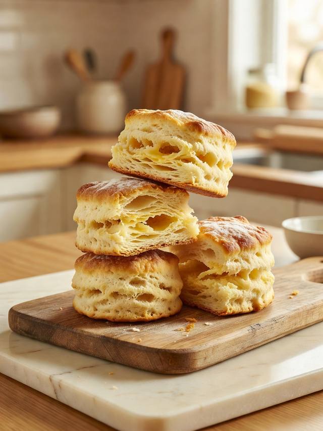 Stack of tall golden biscuits torn open to show flaky layers on a wooden board