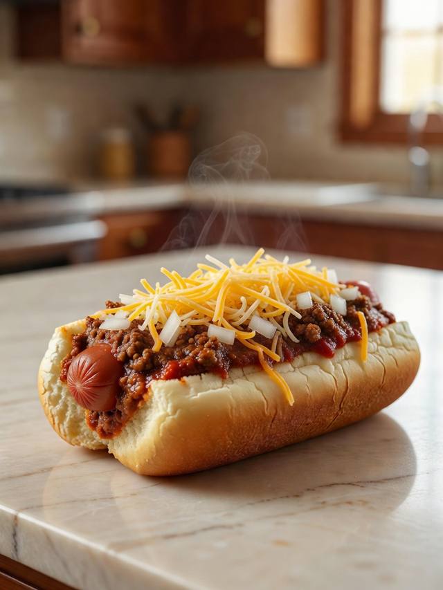Hot dogs in buns topped with beef chili, chopped onion, and shredded cheddar