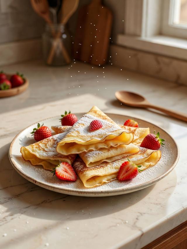Folded crepes on a plate with strawberries and a dusting of sugar