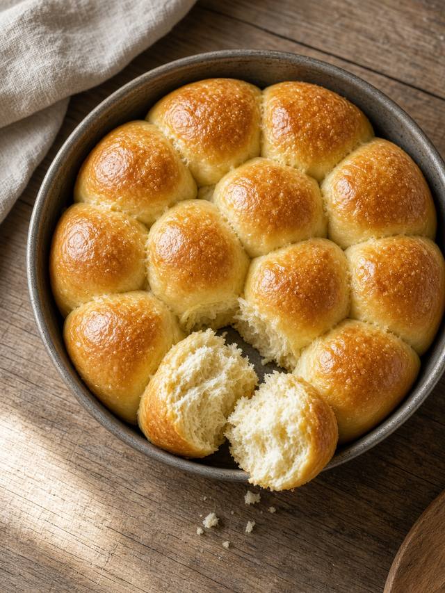 Pan of golden homemade dinner rolls pulled slightly apart