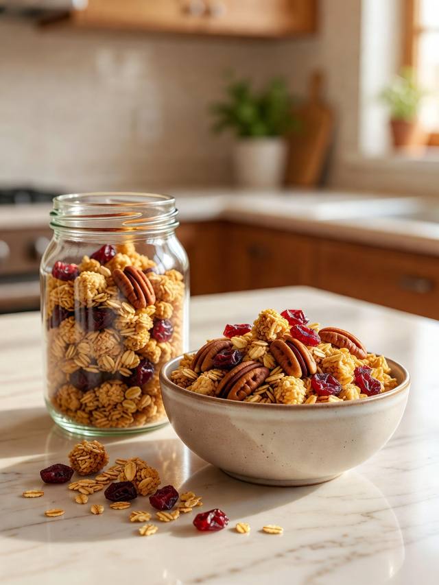 Jar and bowl of golden granola with pecans and dried cranberries