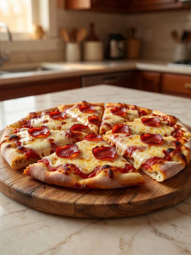 Sliced homemade pizza with bubbling mozzarella, sauce, and pepperoni on a wooden board