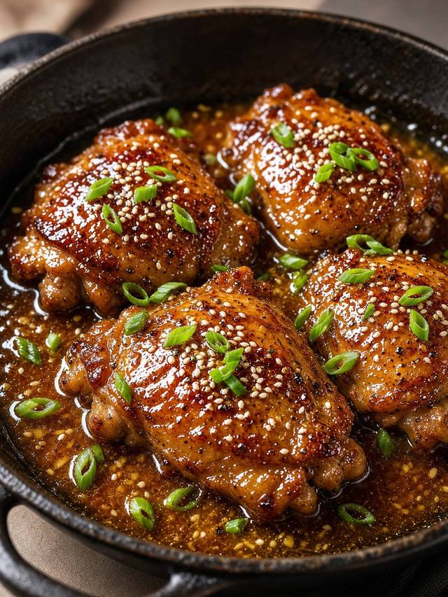 Lacquered honey garlic chicken thighs with sesame and green onion in a dark skillet.