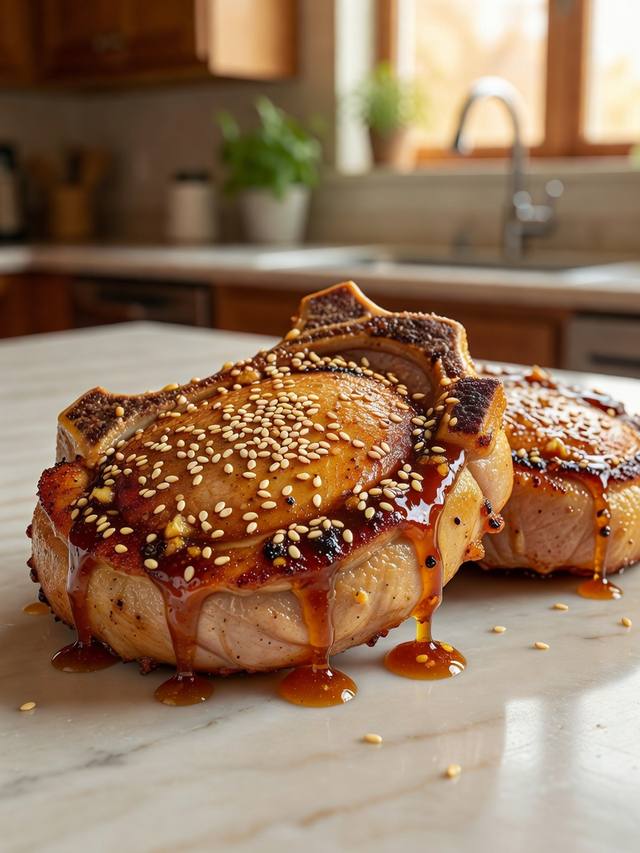 Pork chops coated in a glossy honey garlic sauce and sprinkled with sesame seeds